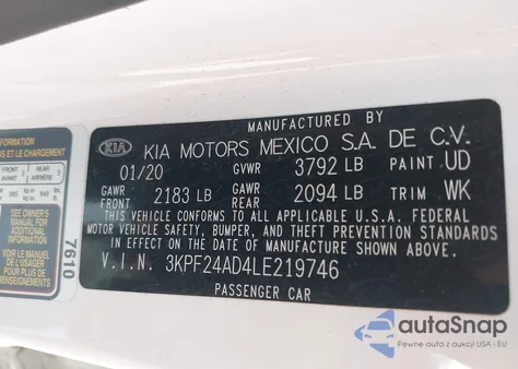 2020 Kia Forte Lxs z USA, uszkodzony, nr VIN 3KPF24AD4LE219746